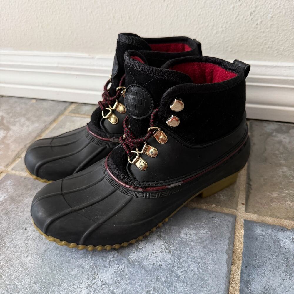 Tommy Hilfiger Duck Boots Black Red Fleece Lined Waterproof 6M